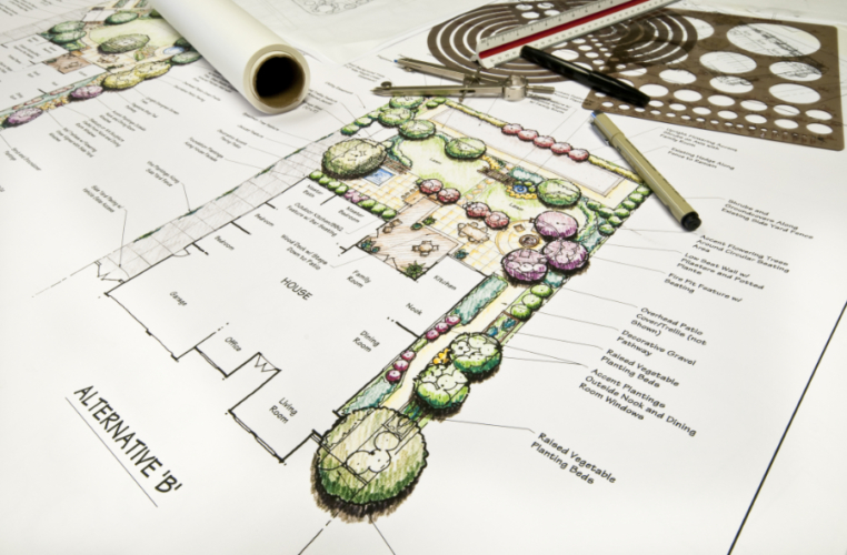 Residential,Back,Yard,Landscape,Design,With,Drafting,Equipment.